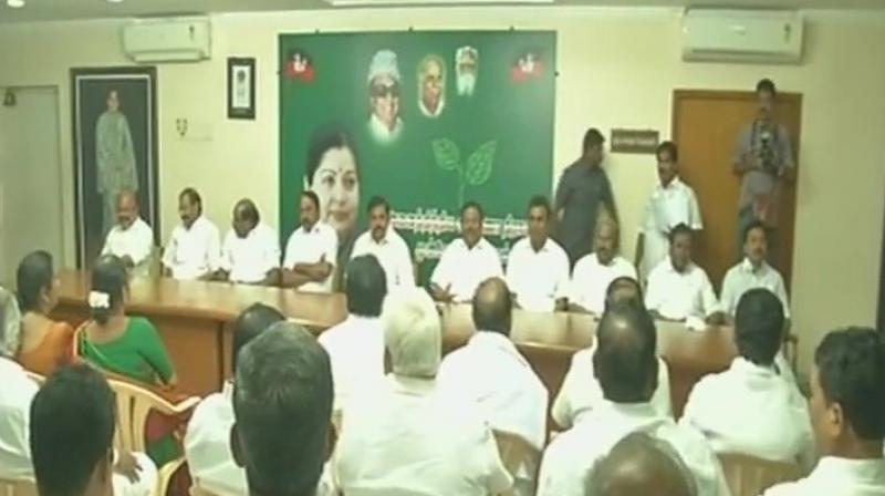 The Amma faction of the AIADMK, led by Tamil Nadu Chief Minister E Palanisamy, met at the party headquarters in Chennai on Thursday. (Photo: ANI/Twitter)