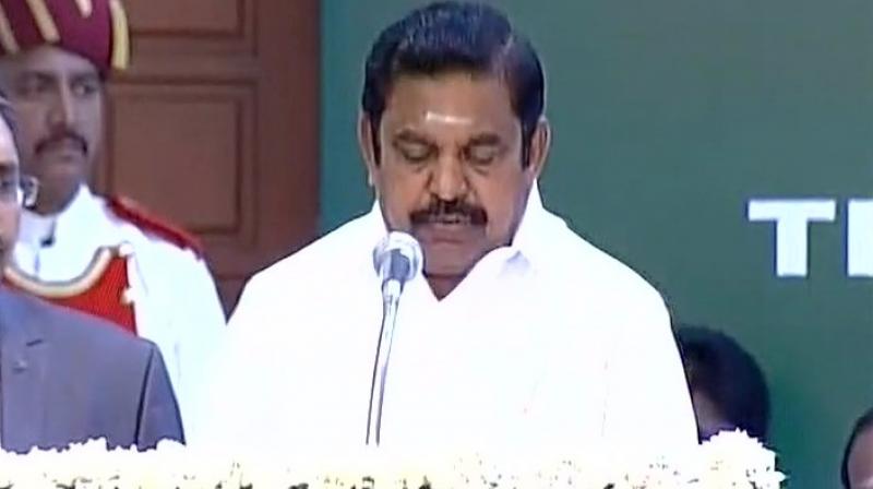 AIADMK legislature party leader Edapadi K Palanisami sworn in as Tamil Nadu chief minister. (Photo: ANI Twitter)