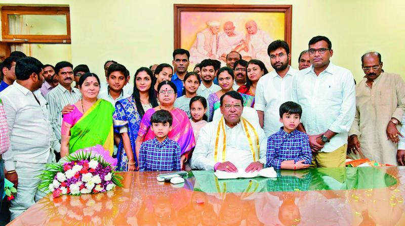 TRS MLA Pocharam Srinivasa Reddy along with his family members after taking charge as the Speaker of Telangana Legislative Assembly on Friday.  (DC)
