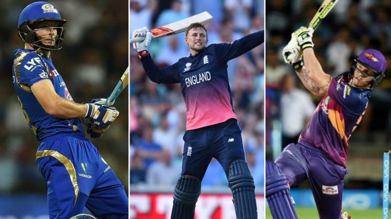 Jos Buttler (left), Joe Root (centre) and Ben Stokes (right) will look to land bumper deal in the auction. (Photo: BCCI / AFP)