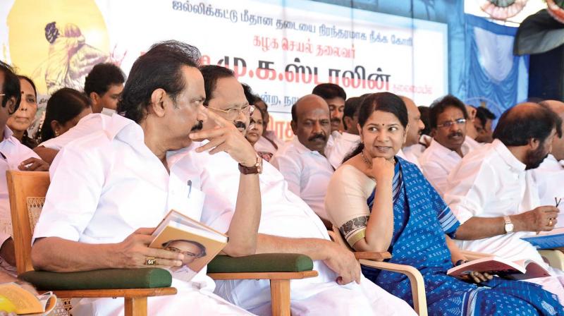 DMK working president M.K. Stalin on a day long fast at Valluvar Kottam on Saturday along with his party MLAs, MPs and cadres.