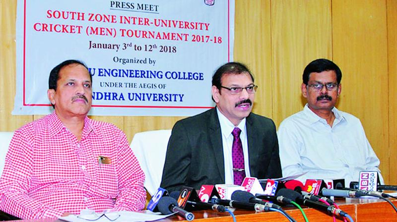Vice-Chancellor of Andhra University, Prof. G. Nageswara Rao speaks on South Zone Inter-University Cricket Tournament 2017-18 at AU Campus in Visakhapatnam on Tuesday. (Photo: DC)
