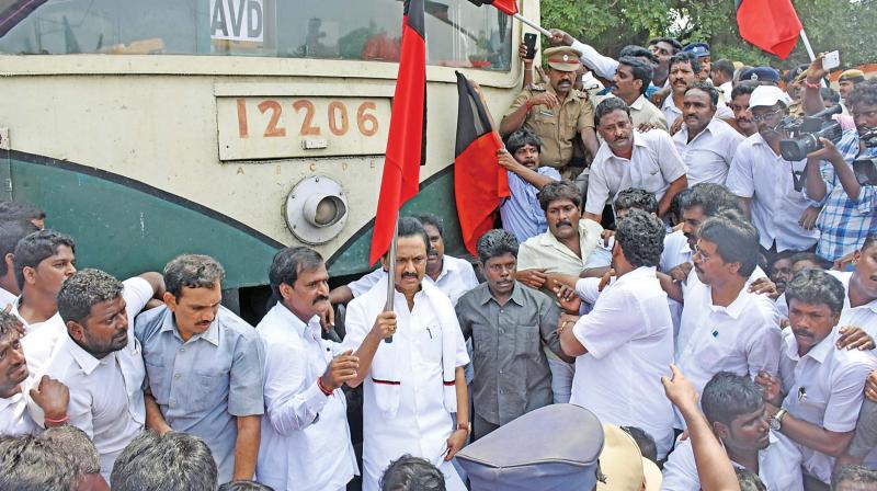 DMK treasurer M.K.Stalin on Monday leads a rail roko protesting against the Centre for its stand on the Cauvery conflict at the Perambur railway station. (Photo: DC)
