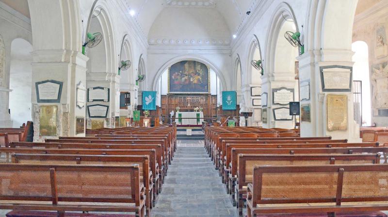 The pillars at the altar, which has the painting of Raphaels Last Supper, are being renovated ahead of the 336th anniversary celebrations of the CSI St Marys Church on Fort St George premises. (Photo: E.K. Sanjay)