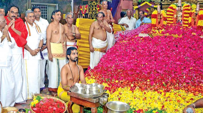 10 tonnes of 32 varieties of flowers offered to Lord Venkateswara at TTD temple on Monday. (Photo: DC)