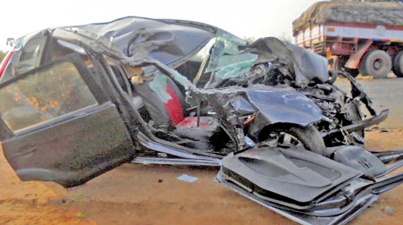Mangled remains of the car which met with an accident in Namakkal. (Photo: DC)