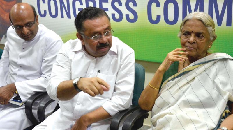 Sugathakumari and KPCC president M.M. Hassan during protest meet on liquor policy in Thiruvananthapuram on Monday. (Photo: DC)