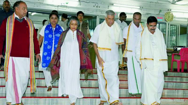 Sri Lanka PM  Ranil Wikra-masinghe and his spouse, Maitree Wikra-masinghe on way to Lord Balajis darshan on Tirumala on Thursday.  (Photo: DC)
