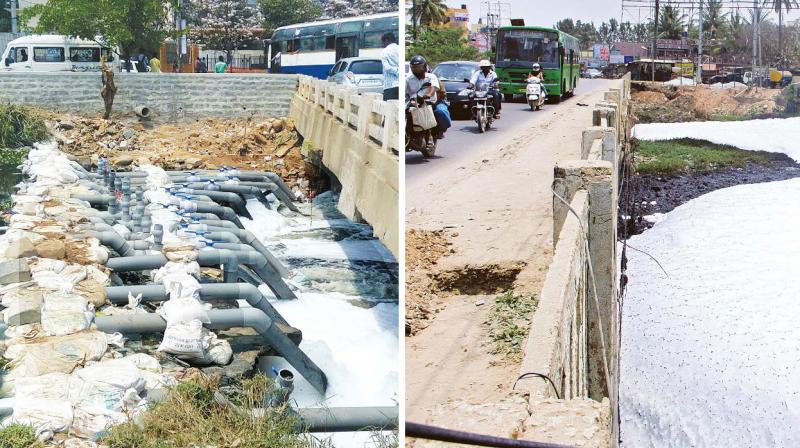 Pipe fittings structures installed at a drain near Varthur Lake to tackle the toxic foam. (Right) A file photo of the toxic foam  at Varthur Lake.