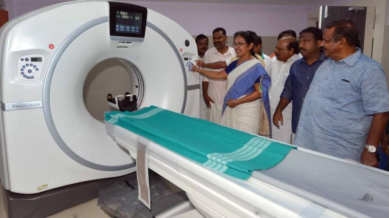 Minister K.K. Shylaja inaugurating the CT scan machine at Ernakulam Government Medical College on Sunday