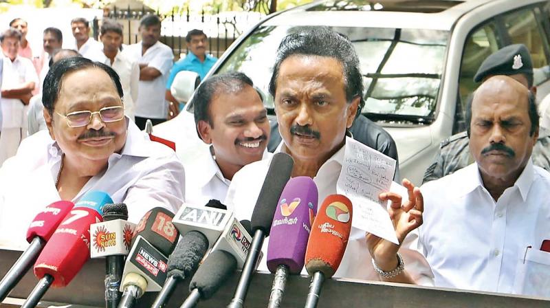 DMK party working President M.K. Stalin addressing media at party head office on Thursday.(Photo:DC)