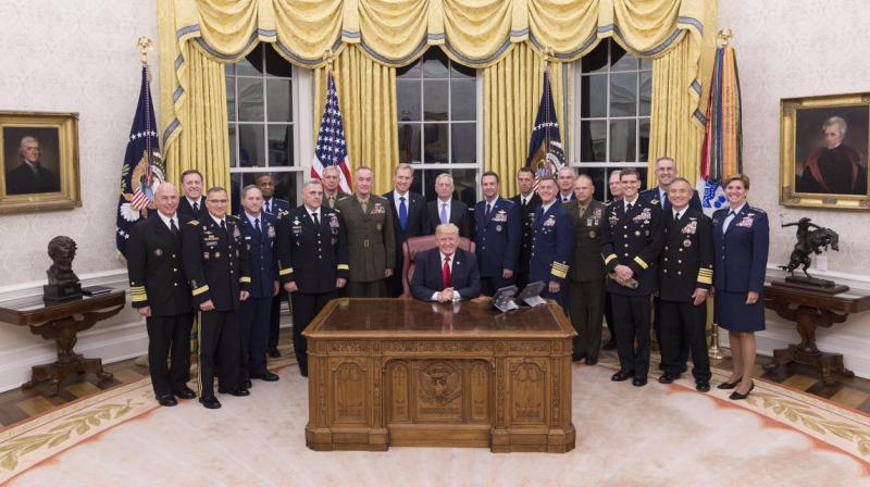 Donald Trump in the Oval Office with senior US military leaders prior to dinner hosted by the President and First Lady at White House. (Photo: Twitter)