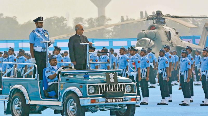 Pranab Mukherjee inspects the Guard of Honour at Air Force Station, Tambaram, on Friday. (Photo: DC)