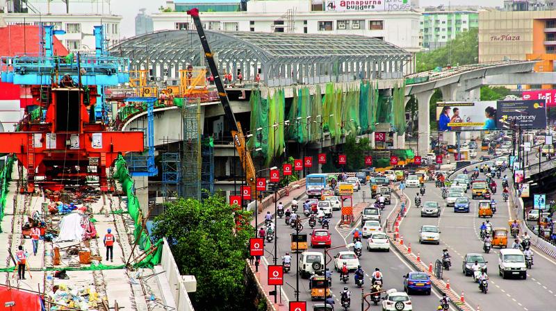 Work in progress at the Begumpet station and the Metro Rail viaduct. (Photo:DC)