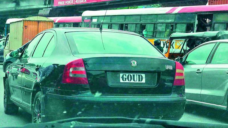 Number plate bearing the letters â€œGOUDâ€spotted near the CM Camp Office in Begumpet on Thursday morning.