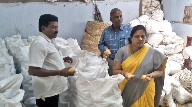 Food safety officials inspect a jaggery making godown in Salem. (Photo: DC)