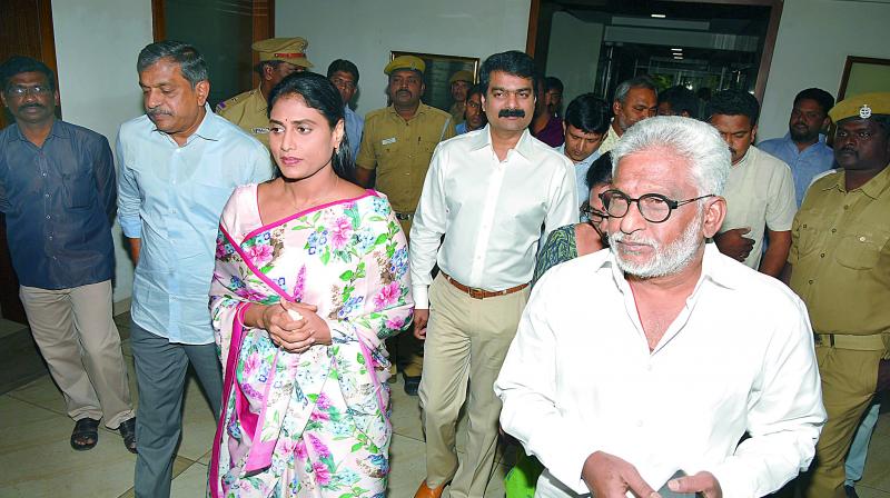 YSR Congress Chief Y.S. Jagan Mohan Reddys sister Y.S. Sharmila along with her husband Anil Kumar and party MP Y.V. Subba Reddy return after meeting Hyderabad police commissioner Anjani Kumar on Monday. (S. Surender Reddy)