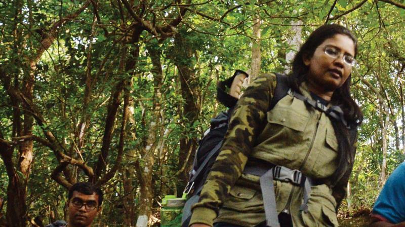 The first batch of trekkers, led by Defence Ministry spokesperson Dhanya Sanal, move to Agasthyakoodam from the base camp at Bonakkad on Monday.	(By arrangement)