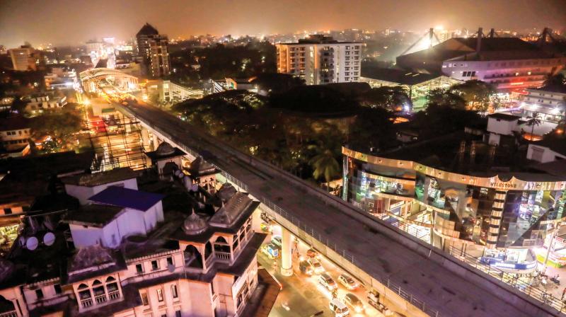 A night view of the Metro construction which is fast progressing at Kadavanthra junction in Kochi. The well-lit GCDA station can be seen in the background.	 (ARUN CHANDRABOSE)