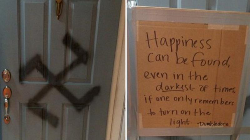 Erin covered the swastika on the door with a cardboard piece that had a quote from the third Harry Potter book to the vandal. (Photo: Facebook)