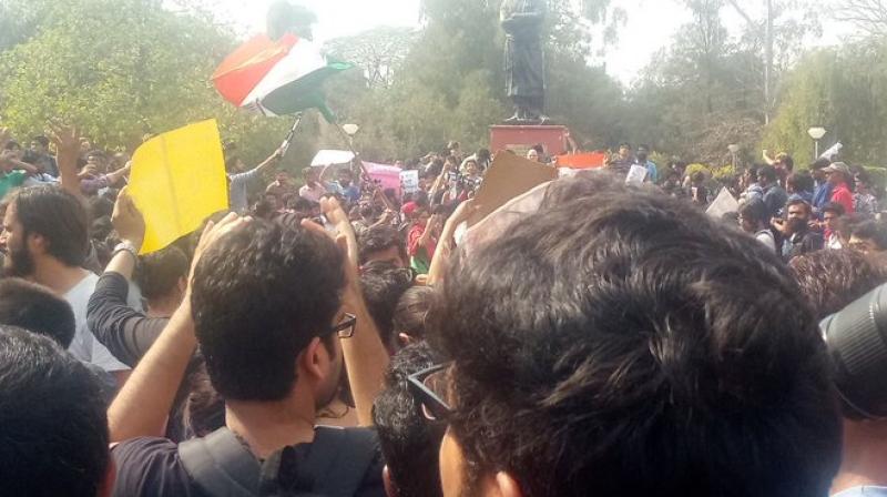 Waving Indian flags, students were heard shouting \This country is ours, not the fiefdom of thugs. (Photo: Twitter/ @kavita_krishnan)