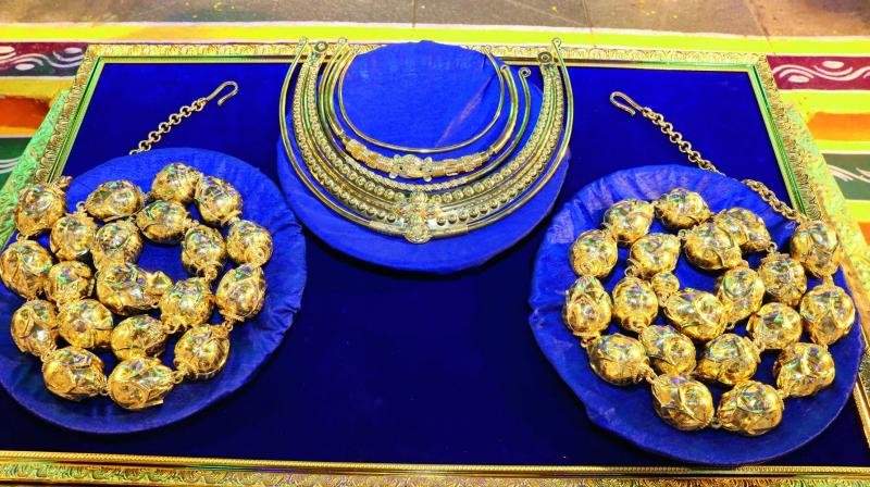The gold ornaments presented to Lord Balaji by Telangana Chief Minister K. Chandrasekhar Rao.