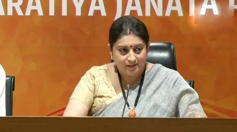 Replying to queries on Rahul Gandhi, Irani claimed that his own constituents dont want to give him a chance, and for the first time in the past three years all the local body elections and assembly seats have been lost by the Congress in his constituency. (Photo: ANI | Twitter)