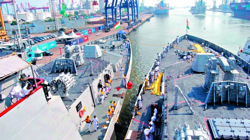 Indian naval warships Sahyadri and Kamorta  anchored at the Jakarta Port in Indonesia as part of their overseas deployment on Friday. (Photo: DC)