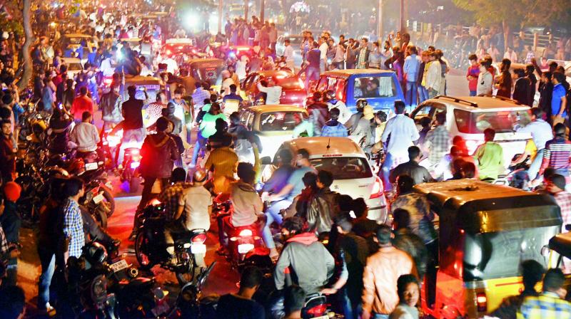 New Year celebrations on city roads caused severe traffic jam at NTR Marg even as some of the revellers violated rules. (Photo: DC)