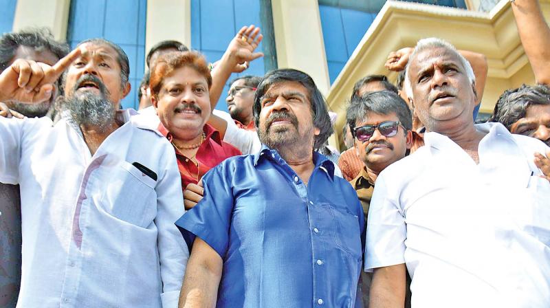 T. Rajendar and others walk out from general council meeting of Tamil Film Producers  Council. (Photo: DC)