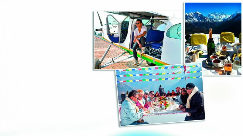 clockwise from top left: New York-based Nepalese couturier Prabal Gurung getting off the helicopter to have breakfast at Everest; the spread for the morning breakfast; Gurung and and the Bigspenders at the breakfast table.