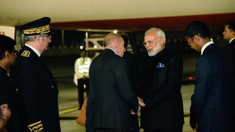 Narendra Modi being welcomed by French Interior minister Gerard Collomb in France on Saturday. (Photo: Twitter/@PMOIndia)