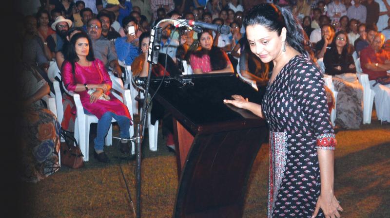 Actor Manju Warrier at a meeting organised by the film fraternity to express solidarity with their colleague who was assaulted in Kochi. (Photo: SUNOJ NINAN MATHEW)