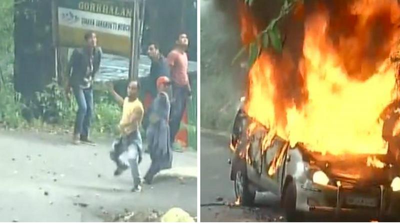 GJM leaders, supporters pelt stones at police, set a car on fire in protest. (Photo: ANI | Twitter)