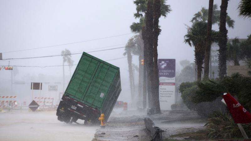A power generator tips in front of Texas Christus Spohn Hospital in Corpus Christi, Texas, as Hurricane Harvey hits Friday. (Photo: AP)