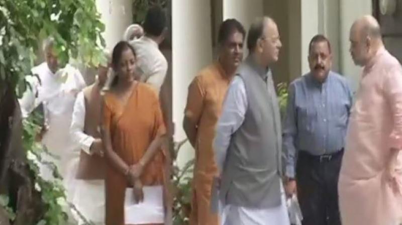 BJP president Amit Shah on Thursday held a \strategy session\ with senior Union ministers, including Arun Jaitley, on the upcoming assembly elections in Gujarat. (Photo: Twitter | ANI)