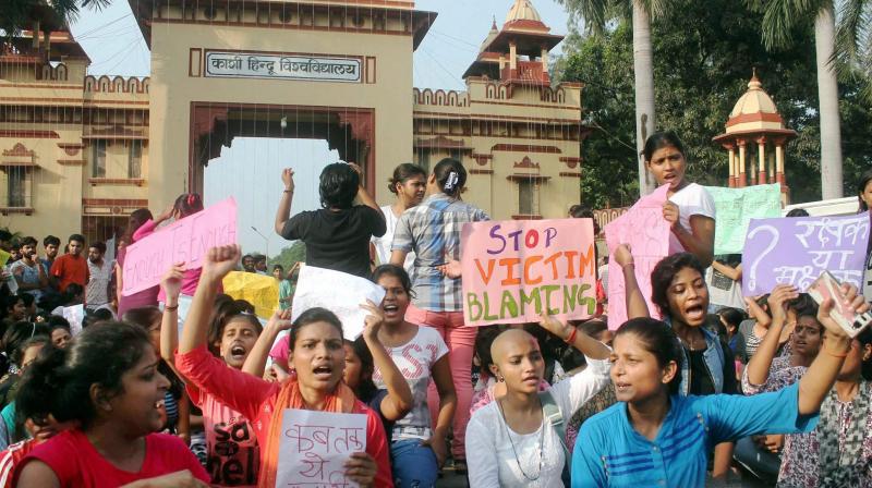 The Banaras Hindu University (BHU) students have been protesting near the universitys main gate since Thursday against the rising eve-teasing incidents on the campus. (Photo: PTI)