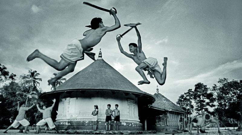 Kalari, the martial art of Kerala, being practiced in a gurukul on the outskirts of Cochin (Photographed in 1993 on film).
