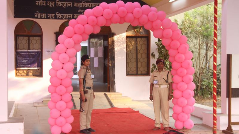 The pink voting booths set up to â€œcelebrateâ€ first-time women voters in Goa. 	(Photo: Atish Naik)