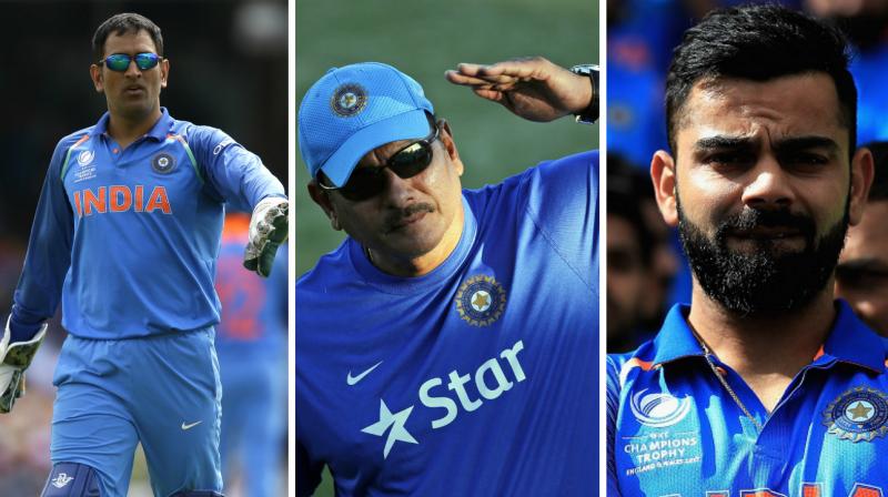 The trio of Virat Kohli, MS Dhoni and Ravi Shastri will meet COA chief Vinod Rai in New Delhi to discuss pay and the packed cricket calendar which Kohli has also criticised. (Photo: AP / ICC)