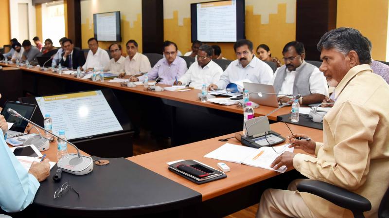Chief Minister N Chandrababu Naidu conduct a meeting on infra projects at the camp office in Vijayawada on Wednesday. (Photo: DC)