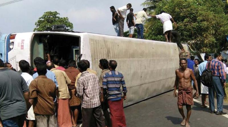 The KSRTC bus that turned turtle at Cheelanthimukku near Neendakara in Kollam on Tuesday morning.