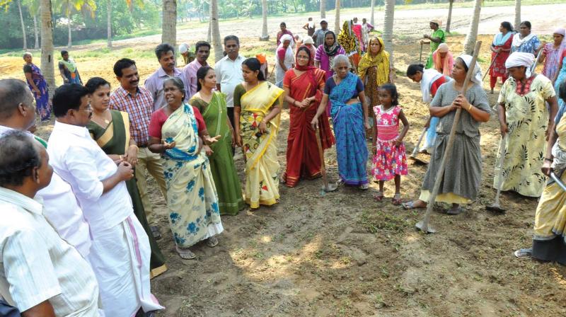 R. Ramachandran, MLA, along with other officials visits the farm land at Punnakkulam.