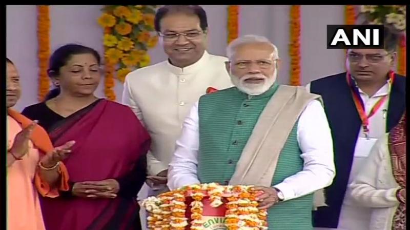Prime Minister Narendra Modi launches several development projects in Amethi. (Photo: Twitter/ ANI)