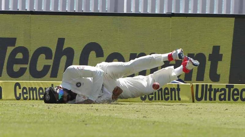 Virat Kohli, who is known to give his 100 per cent on the field no matter whether he is batting, fielding or bowling, hurt his shoulder as he dived to save a four. (Photo: BCCI)