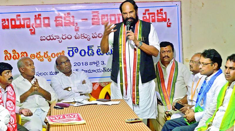 TPCC president Uttam Kumar Reddy speaking at a  conference at Maqdoom on Tuesday. (Photo: DC)
