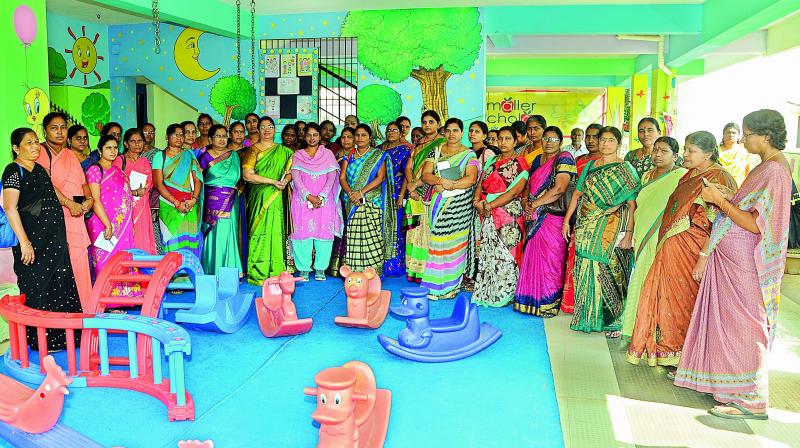 CDPOs led by Women and Child welfare PD Haritha seen visiting a Corporate pre-school in Nellore on Wednesday.	(Photo: DECCAN CHRONICLE)