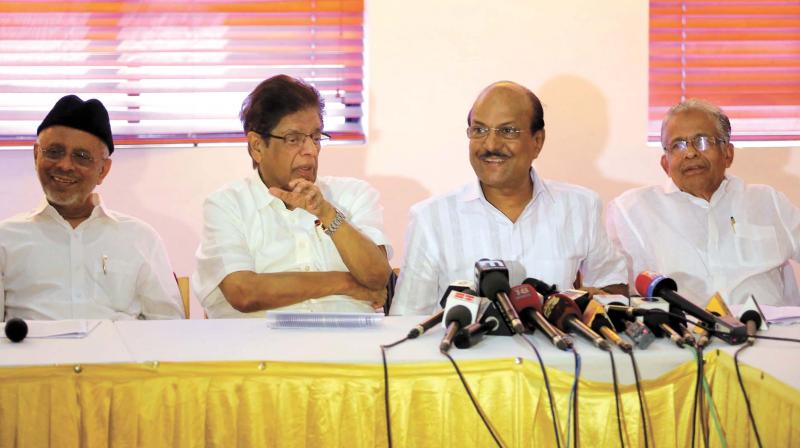 IUML leaders (from left) Panakkad Hyderali Shihab Thangal, E. Ahammed, P.K. Kunhalikkuty and E.T. Mohammed Basheer address a press conference in Kozhikode on Saturday. (Photo:  DC)