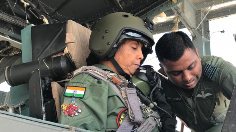 Defence Minister Nirmala Sitharaman in flying G-Suit before taking off in SU 30MKI. (Photo: @DefenceMinIndia)
