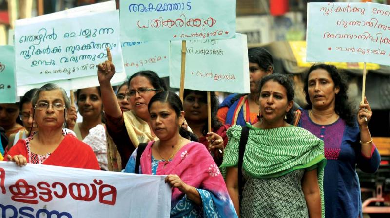 Activist Ajitha and RMP leader K.K. Rema lead a march seeking better safety for women in the backdrop of actors abduction in Kozhikode on Tuesday. (Photo: DC)